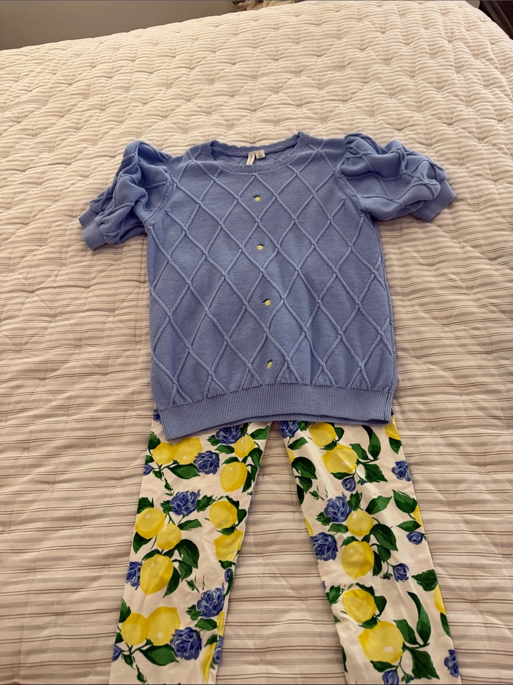 Janie and Jack Blue Puff Sleeve Sweater with Lemon Floral Leggings